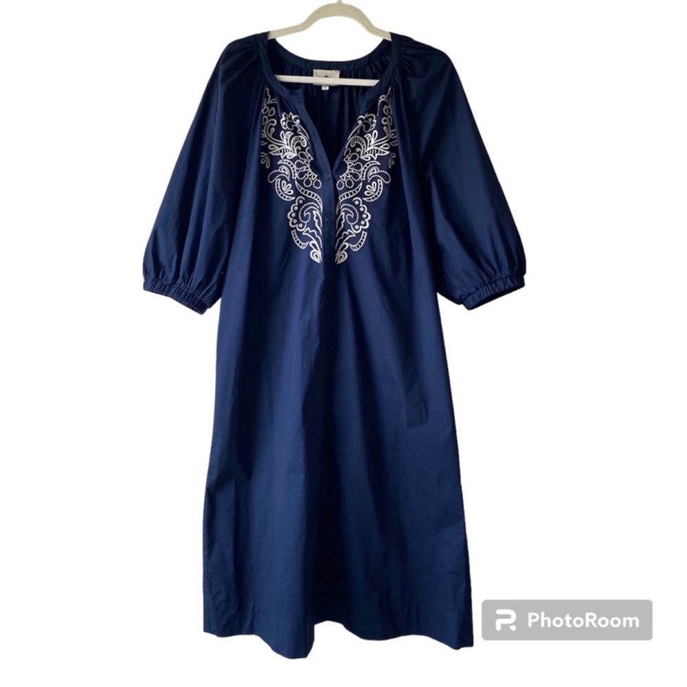 Tuckernuck Navy Blue Midi Dress with White Embroidery